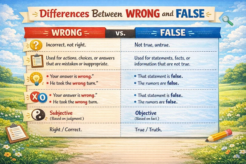 Comparison table showing the difference between wrong and false in English, including meaning, usage, examples, and context